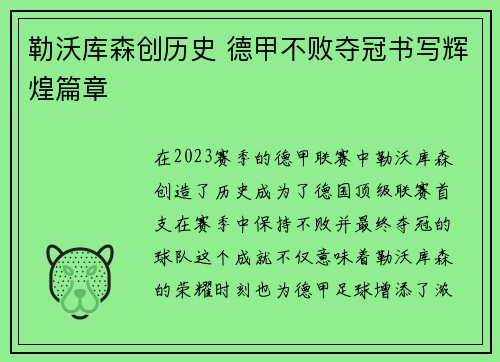 勒沃库森创历史 德甲不败夺冠书写辉煌篇章 勒沃库森创历史 德甲不败夺冠书写辉煌篇章